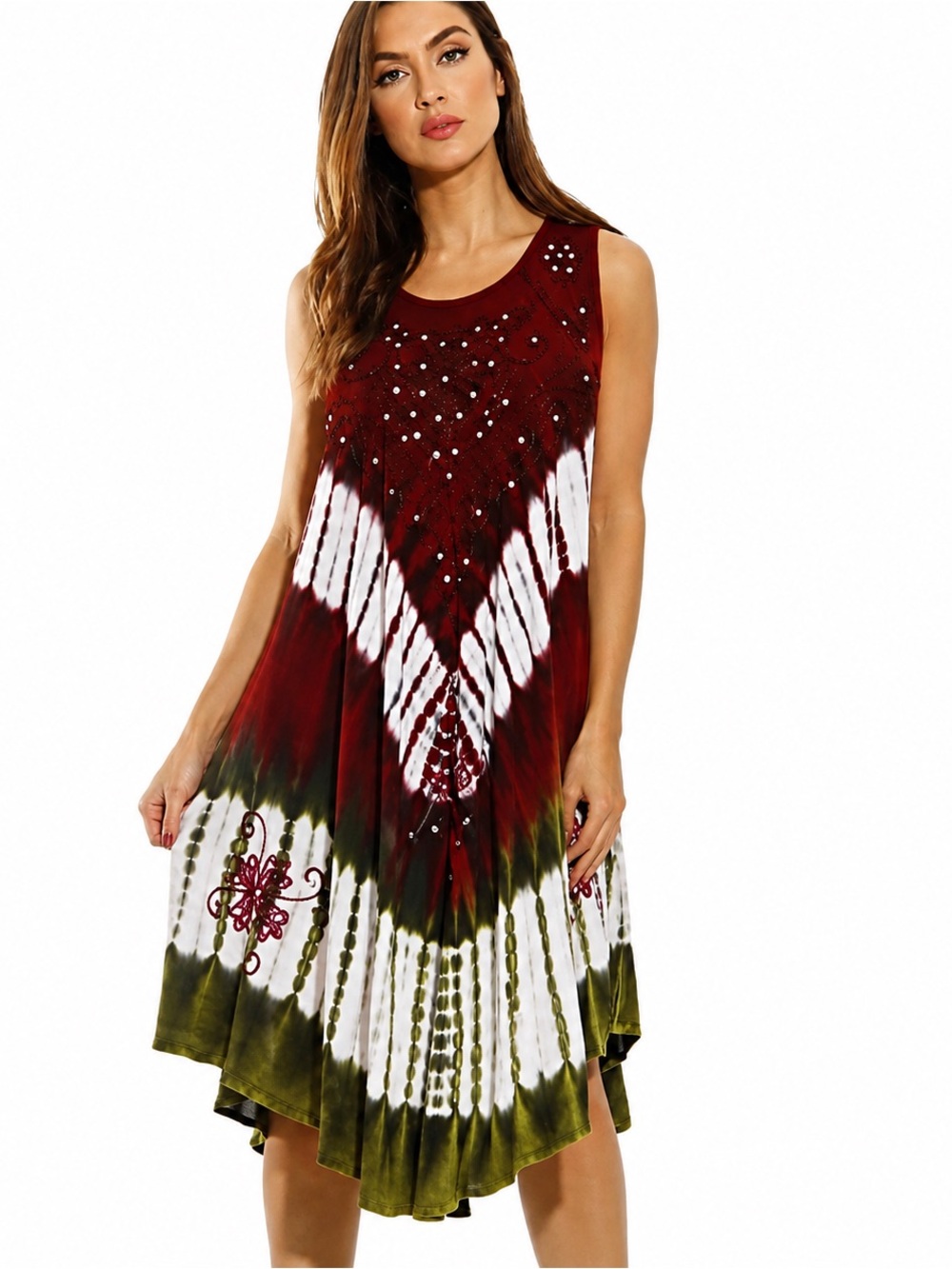 Riviera Sun Boho Tie Dye Embroidered Sequin Handkerchief Dress NWT